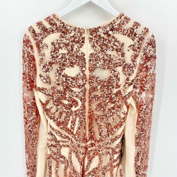 BEBE Sequin Scroll Mesh Rose Gold Bodycon Structured Dress Size M - Picture 10 of 16